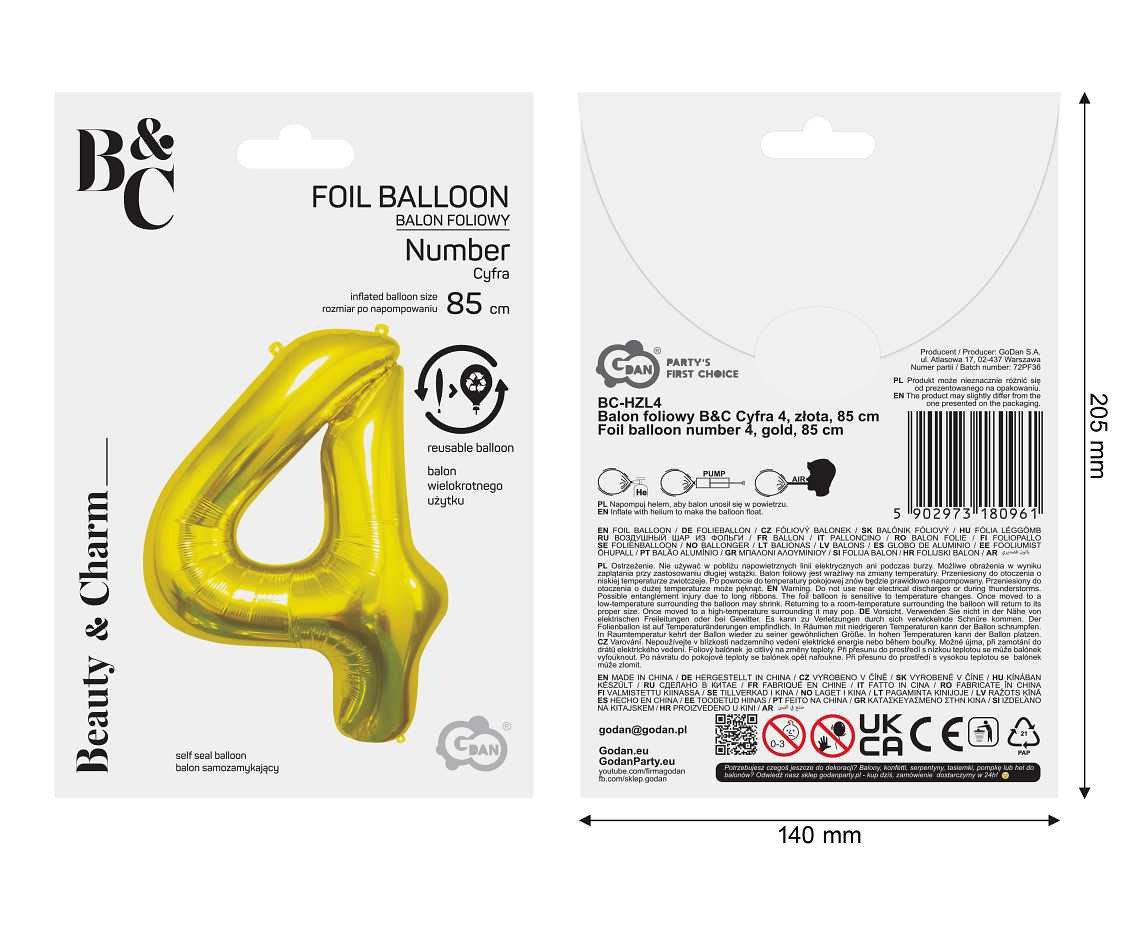 Foil Balloon B&C Number 4, Gold, 85 cm